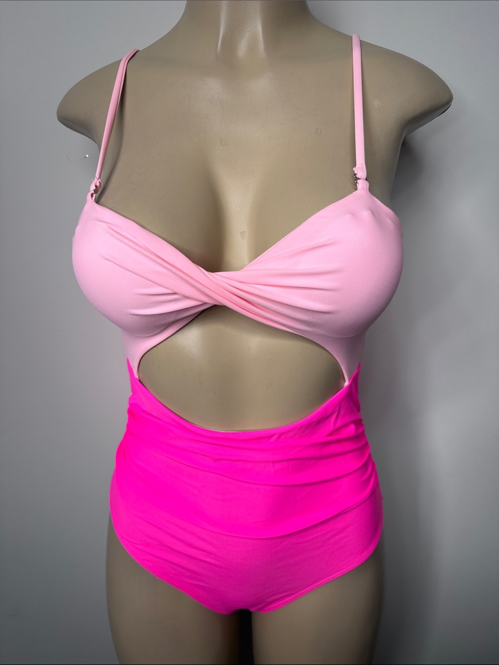 SHEIN Two-Tone Pink Twist Cutout One-Piece Swimsuit